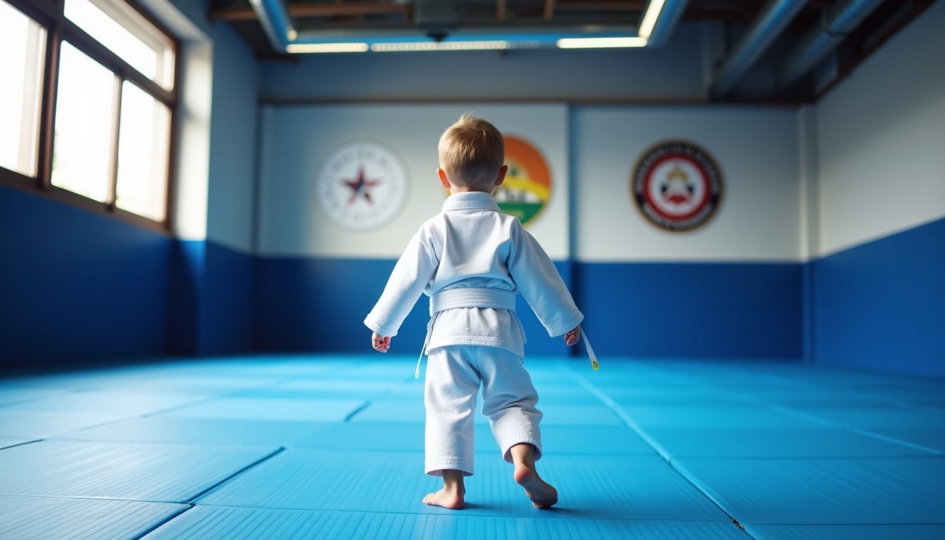 Young child in white BJJ gi standing on training mats in martial arts academy