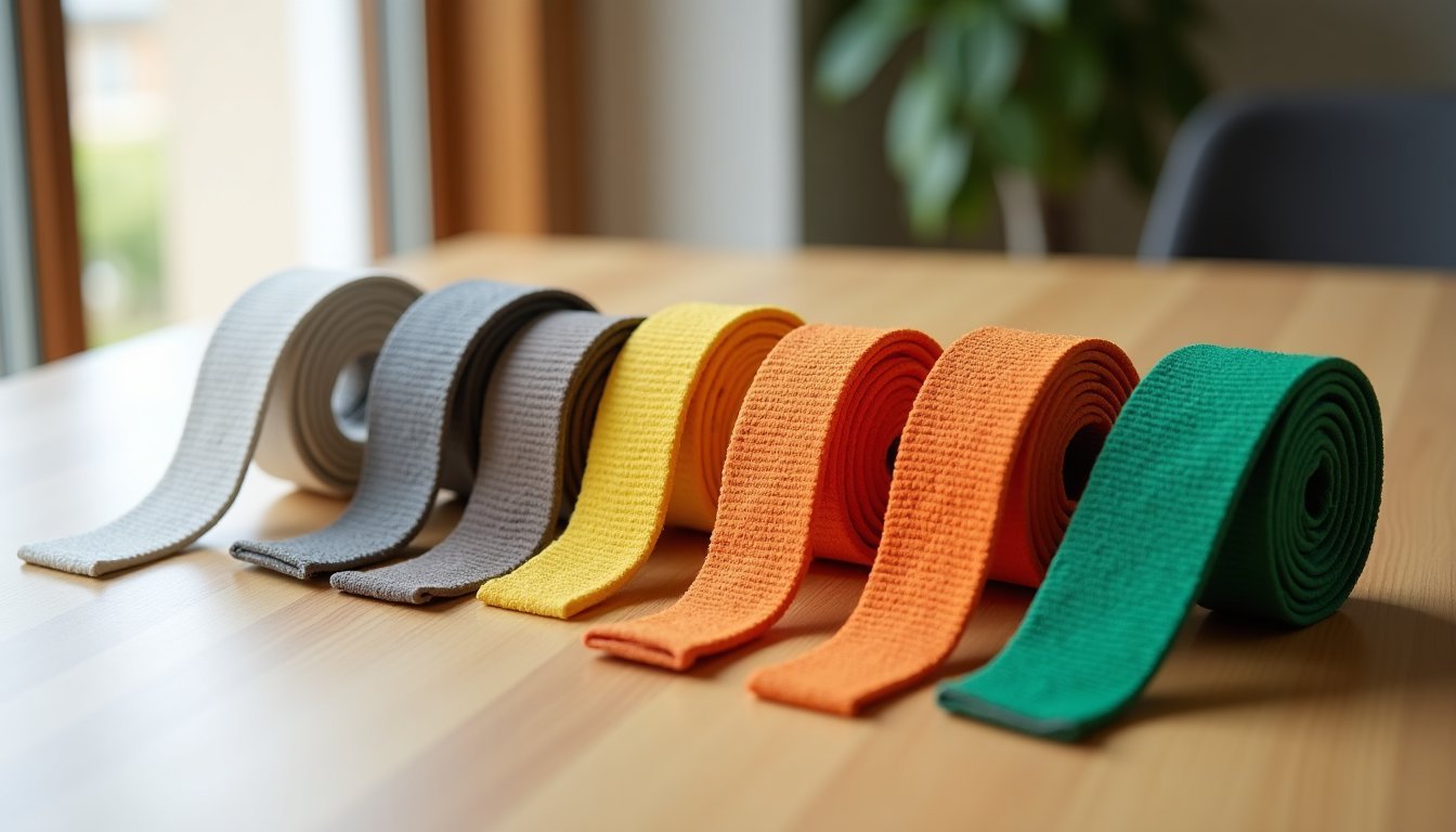 Children's BJJ belts in progression order from white to green displayed on wooden surface