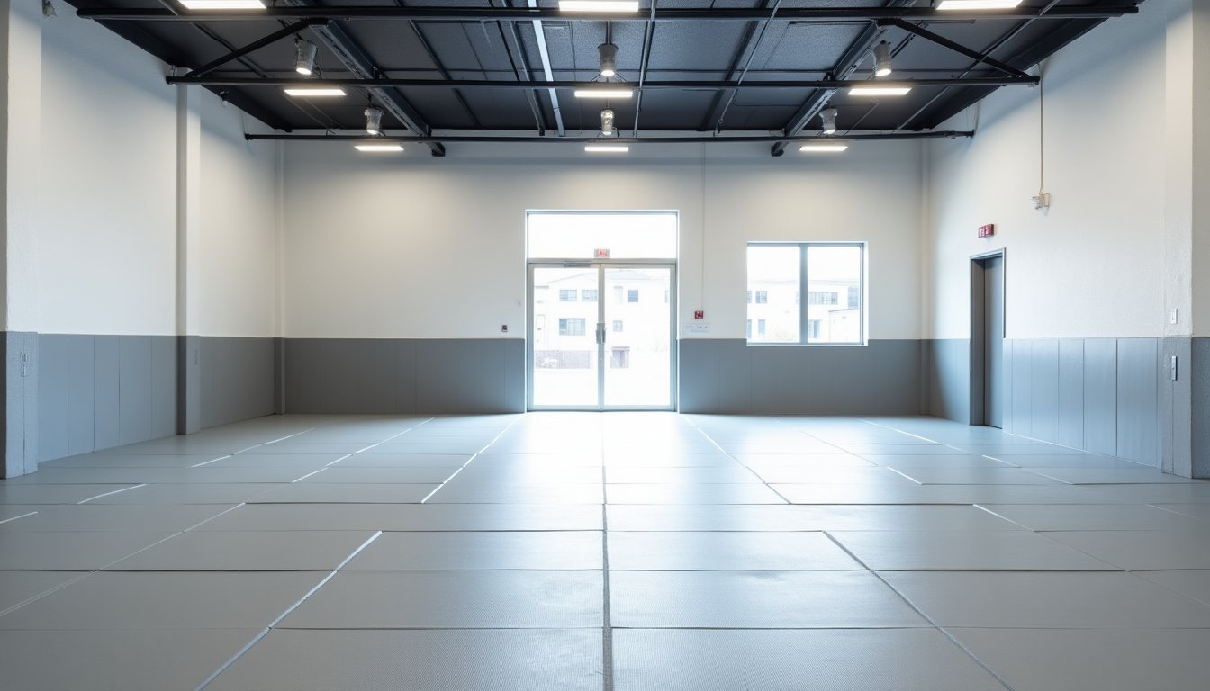 Empty Brazilian Jiu-Jitsu academy training room with tatami mats and bright lighting in Boca Raton
