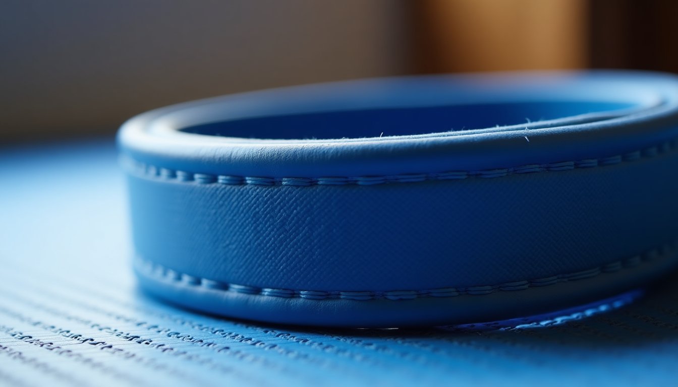 Blue Brazilian Jiu-Jitsu belt with worn texture lying on a training mat