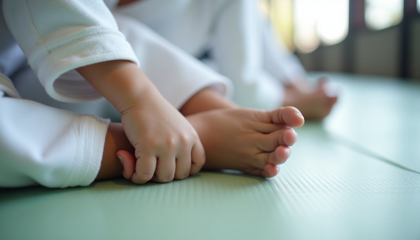 Child's hands gripping a white Brazilian Jiu-Jitsu gi sleeve during training on tatami mats