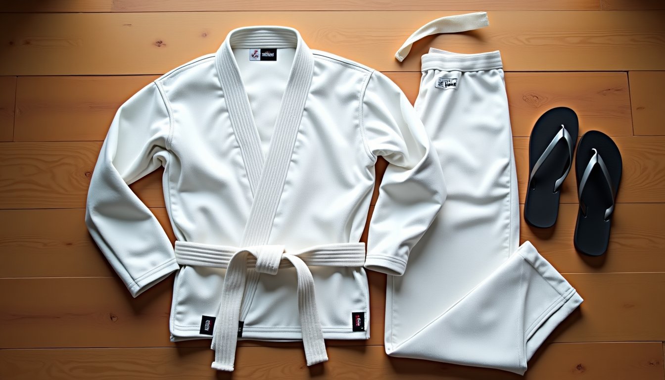 Complete BJJ gi uniform set with white jacket, pants, belt, and training flip-flops arranged on wooden floor for beginner Brazilian Jiu-Jitsu training